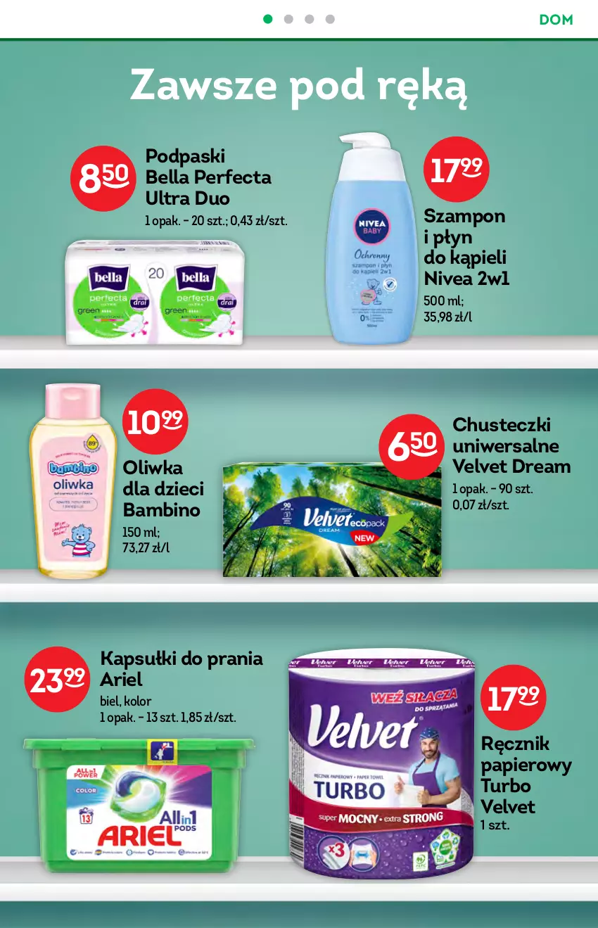 Gazetka promocyjna Żabka - ważna 20.10 do 26.10.2021 - strona 39 - produkty: Ariel, Bell, Bella, Chusteczki, Dzieci, Kapsułki do prania, Nivea, Oliwka dla dzieci, Papier, Perfecta, Płyn do kąpieli, Podpaski, Ręcznik, Szampon, Velvet