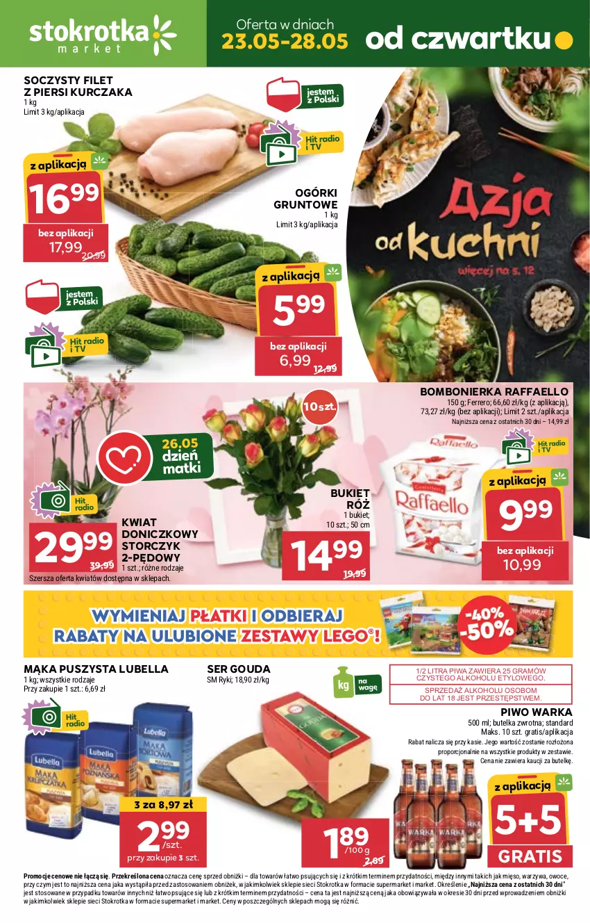 Gazetka promocyjna Stokrotka - Market - ważna 23.05 do 28.05.2024 - strona 1 - produkty: Bell, Bella, Bukiet, Fa, Ferrero, Filet z piersi kurczaka, Gouda, Gra, Grunt, Kurczak, Lubella, Mąka, Mięso, Owoce, Piwa, Piwo, Por, Raffaello, Ser, Storczyk, Warka, Warzywa