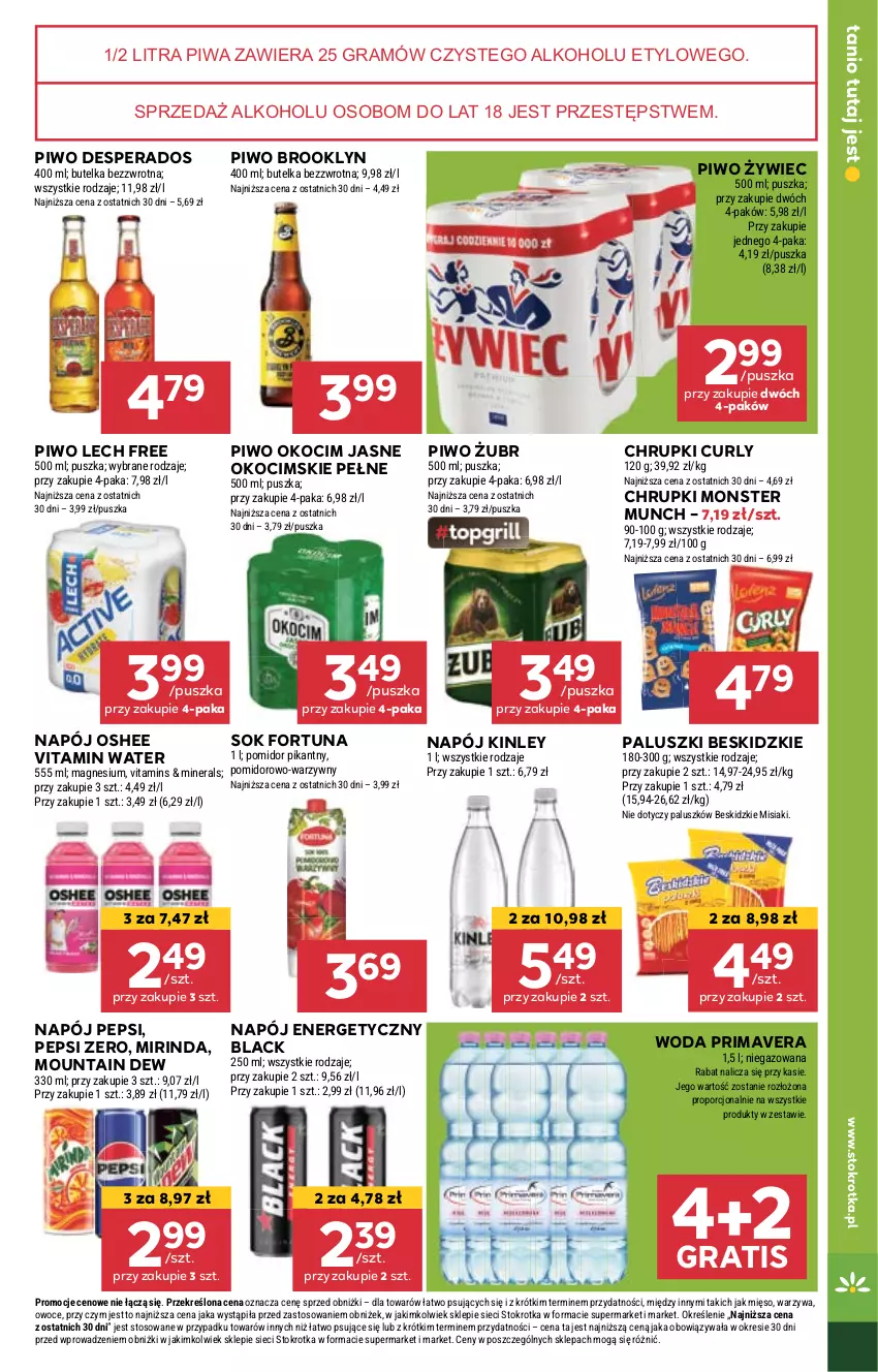 Gazetka promocyjna Stokrotka - Market - ważna 23.05 do 28.05.2024 - strona 16 - produkty: Beskidzki, Chrupki, Desperados, Fortuna, Gra, Koc, Lack, Mięso, Mirinda, Monster Munch, Napój, Napój energetyczny, Okocim, Oshee, Owoce, Pepsi, Piwa, Piwo, Por, Prima, Primavera, Sok, Warzywa, Woda