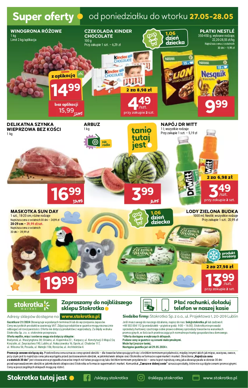 Gazetka promocyjna Stokrotka - Market - ważna 23.05 do 28.05.2024 - strona 19 - produkty: Arbuz, Czekolada, Dres, JBL, Karp, Kinder, Kosz, Lody, Mięso, Napój, Nestlé, O nas, Owoce, Ser, Szal, Szynka, Szynka wieprzowa, Telefon, Wagi, Warzywa, Wilson, Wino, Winogrona, Zielona Budka