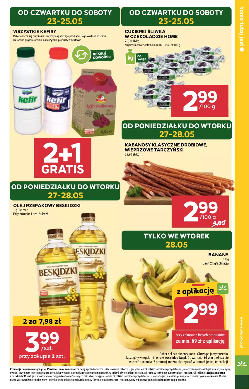 Gazetka promocyjna Stokrotka - Market - ważna 23.05 do 28.05.2024 - strona 5 - produkty: Banany, Beskidzki, Cukier, Cukierki, Gra, Kabanos, Kefir, Mięso, Olej, Olej rzepakowy, Owoce, Por, Rama, Tarczyński, Tran, Warzywa