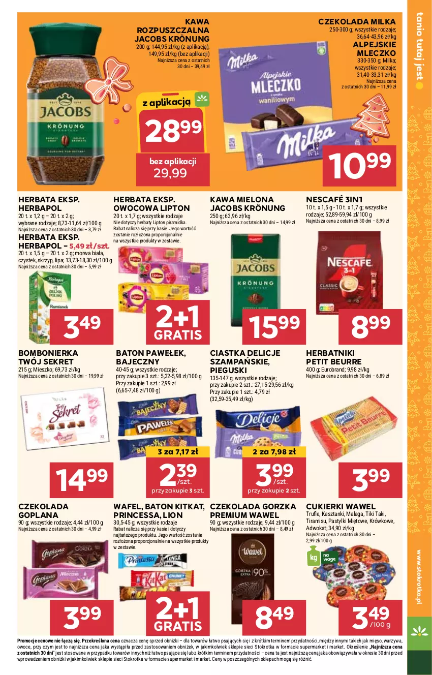 Gazetka promocyjna Stokrotka - Market - ważna 21.11 do 27.11.2024 - strona 13 - produkty: Baton, Ciastka, Cukier, Cukierki, Czekolada, Czekolada gorzka, Delicje, Goplana, Gra, Herbapol, Herbata, Herbatniki, Herbatniki Petit Beurre, Jacobs, Jacobs Krönung, Kawa, Kawa mielona, Kawa rozpuszczalna, Kret, LANA, Lion, Lipton, Mięso, Milka, Mleczko, Nescafé, Owoce, Por, Princessa, Stek, Warzywa, Wawel