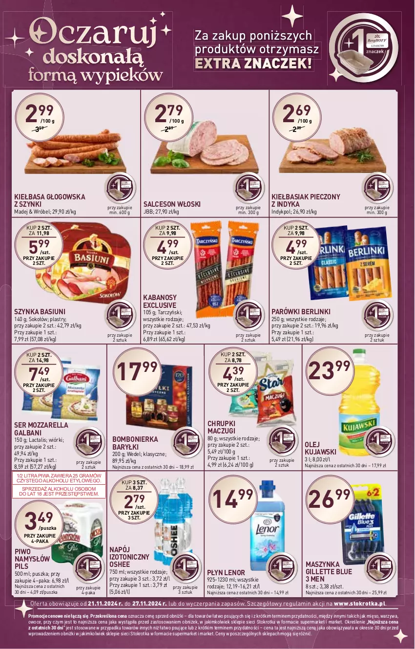 Gazetka promocyjna Stokrotka - Market - ważna 21.11 do 27.11.2024 - strona 16 - produkty: Baryłki, Basia, Berlinki, Chrupki, Galbani, Gillette, Gra, Kabanos, Kiełbasa, Kiełbasa głogowska, Kujawski, Lenor, Maszynka, Mięso, Mozzarella, Namysłów, Napój, Napój izotoniczny, Olej, Oshee, Owoce, Parówki, Piec, Piwa, Piwo, Salceson, Ser, Sok, Sokołów, Szynka, Tarczyński, Warzywa