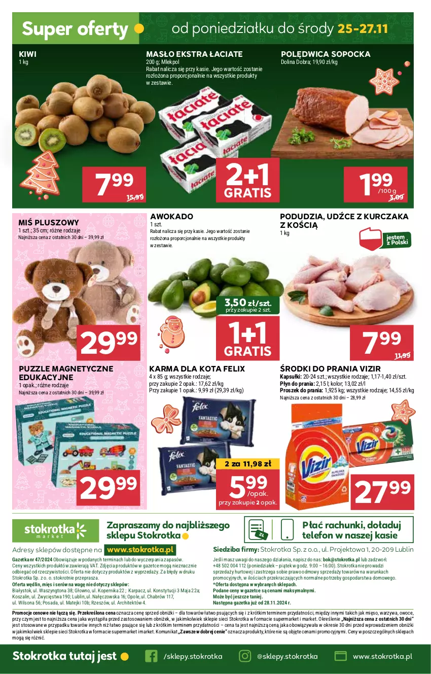 Gazetka promocyjna Stokrotka - Market - ważna 21.11 do 27.11.2024 - strona 24 - produkty: Dres, Felix, Gra, JBL, Kiwi, Kurczak, Masło, Mięso, O nas, Owoce, Polędwica, Por, Puzzle, Ser, Szal, Telefon, Vizir, Wagi, Warzywa