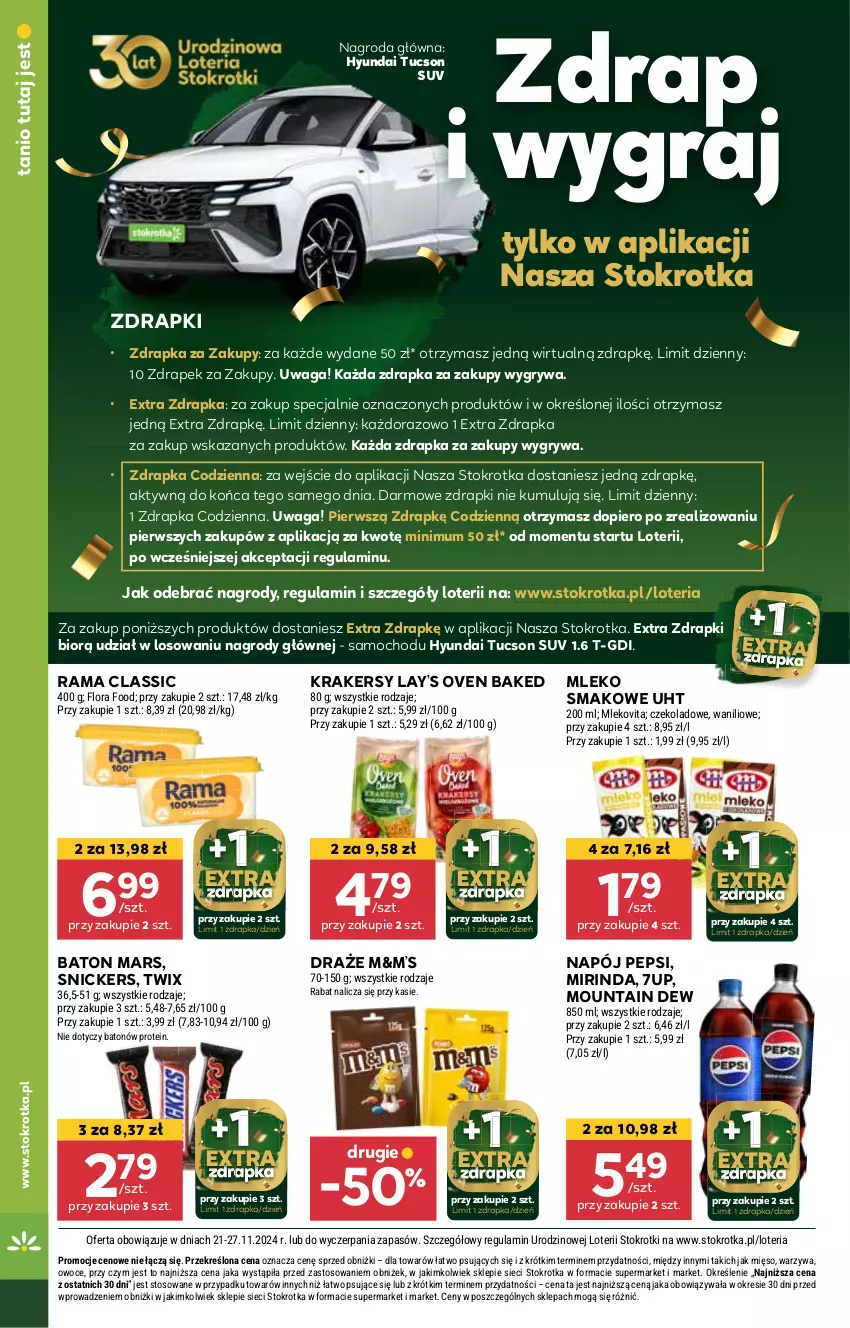 Gazetka promocyjna Stokrotka - Market - ważna 21.11 do 27.11.2024 - strona 8 - produkty: 7up, Baton, Gra, Gry, Krakersy, Lay’s, Mars, Mięso, Mirinda, Mleko, Mleko smakowe, Napój, Owoce, Pepsi, Rama, Snickers, Twix, Waga, Warzywa