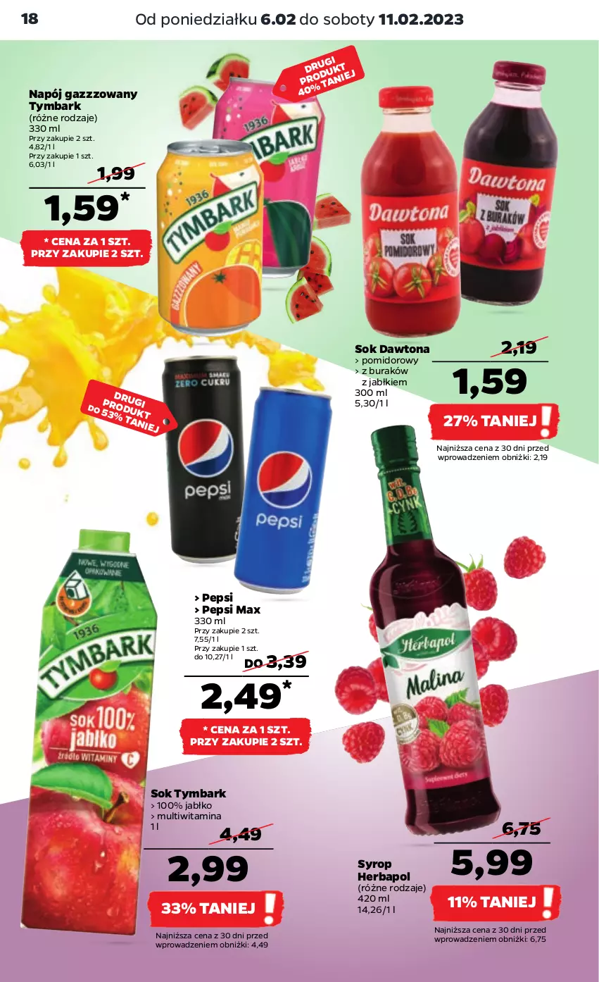 Gazetka promocyjna Netto - Artykuły spożywcze - ważna 06.02 do 11.02.2023 - strona 18 - produkty: Dawtona, Herbapol, Napój, Pepsi, Pepsi max, Sok, Syrop, Tymbark