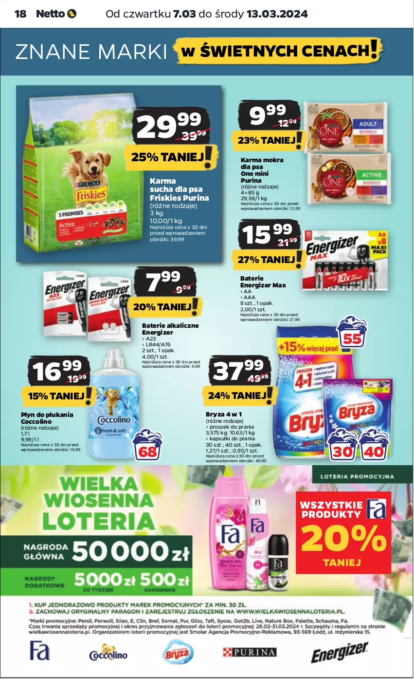 Gazetka promocyjna Netto - Artykuły spożywcze - ważna 07.03 do 13.03.2024 - strona 18 - produkty: Baterie alkaliczne, Bryza, Coccolino, Energizer, Friskies, Kapsułki do prania, Płyn do płukania, Proszek do prania, Pur, Purina