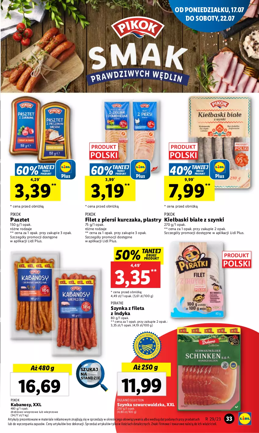 Gazetka promocyjna Lidl - GAZETKA - ważna 17.07 do 22.07.2023 - strona 67 - produkty: Dulano, Filet z piersi kurczaka, Kabanos, Kiełbaski białe, Kurczak, Pasztet, PIKOK, Szynka