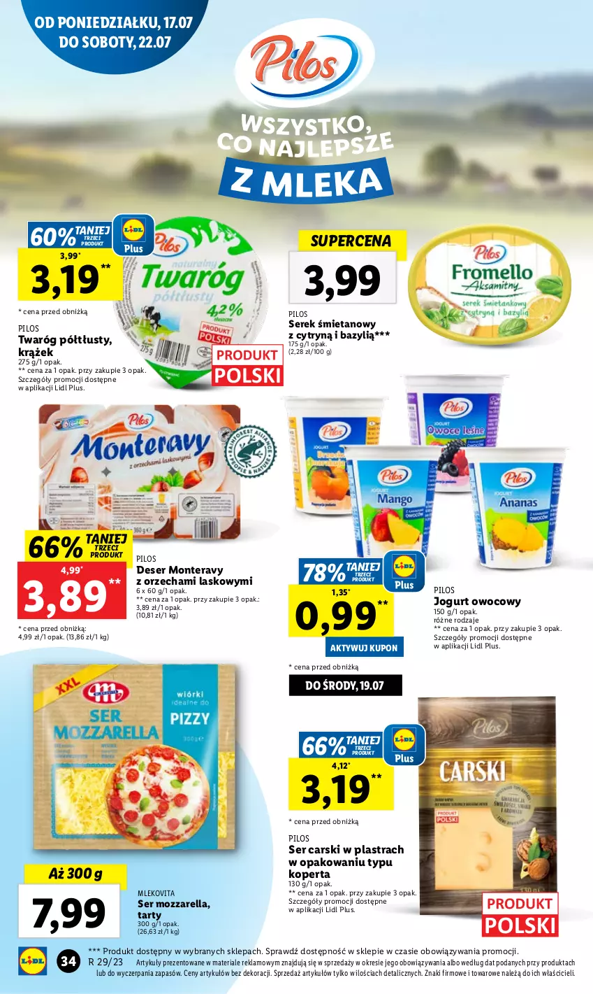 Gazetka promocyjna Lidl - GAZETKA - ważna 17.07 do 22.07.2023 - strona 68 - produkty: Bazyl, Cars, Deser, Jogurt, Jogurt owocowy, Mleko, Mlekovita, Monte, Mozzarella, Pilos, Ser, Serek, Tera, Twaróg, Twaróg półtłusty