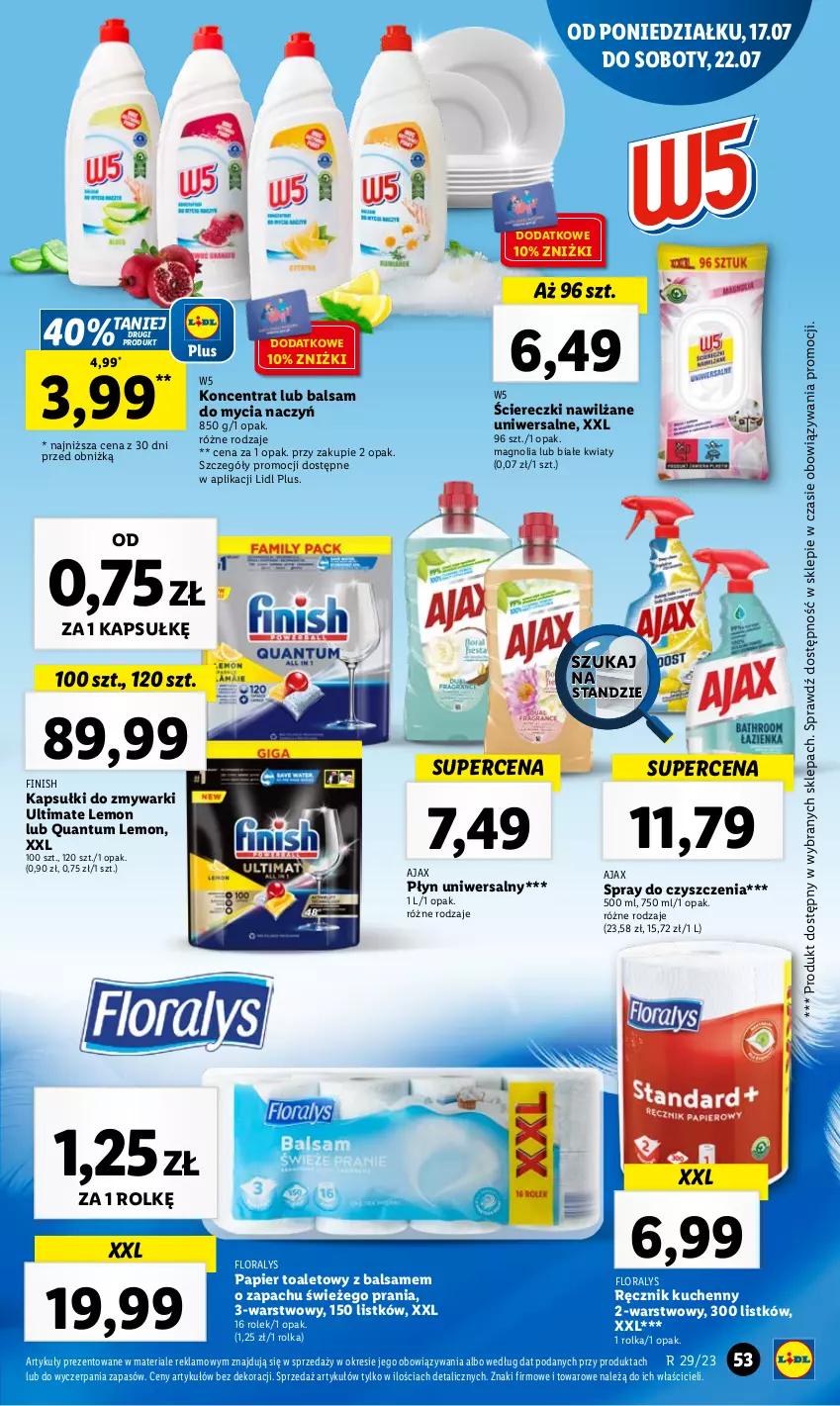 Gazetka promocyjna Lidl - GAZETKA - ważna 17.07 do 22.07.2023 - strona 89 - produkty: Ajax, Balsam do mycia naczyń, Do mycia naczyń, Finish, Flora, Papier, Papier toaletowy, Ręcznik, Ręcznik kuchenny, Spray do czyszczenia, Zmywarki