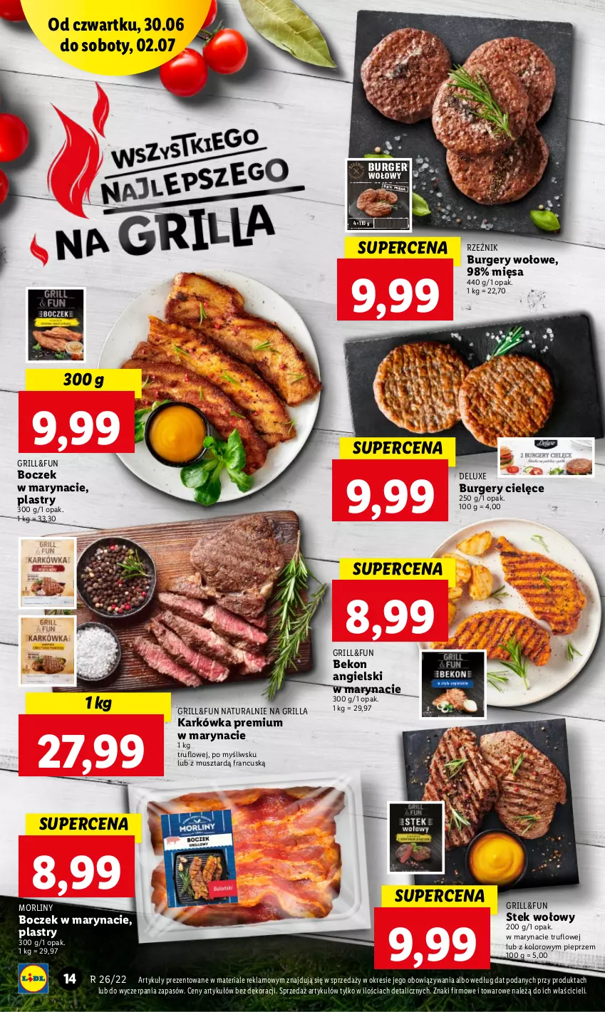 Gazetka promocyjna Lidl - GAZETKA - ważna 30.06 do 02.07.2022 - strona 14 - produkty: Beko, Boczek, Burger, Fa, Gin, Grill, Lack, Morliny, Mus, Pieprz, Por, Stek, Stek wołowy, Top