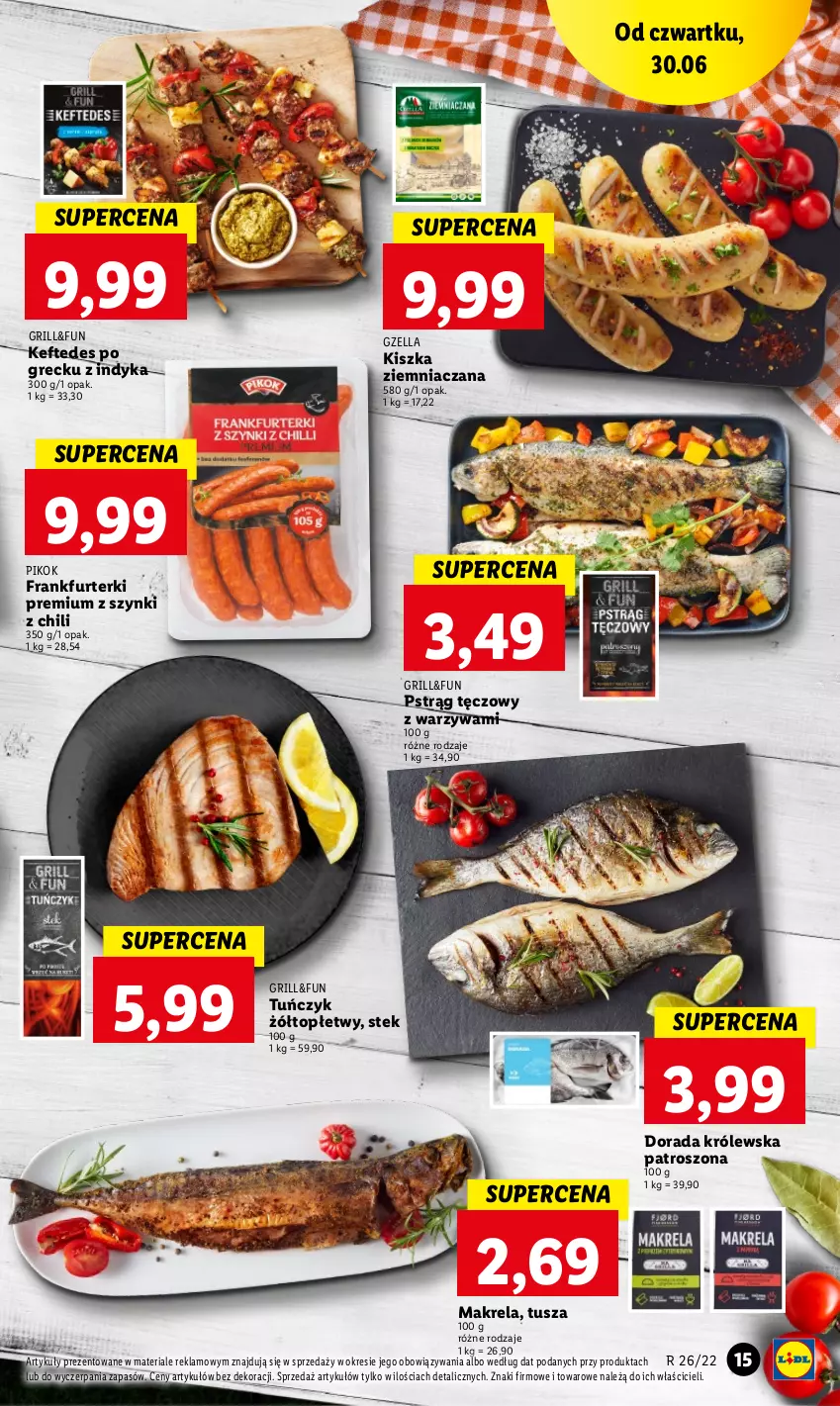 Gazetka promocyjna Lidl - GAZETKA - ważna 30.06 do 02.07.2022 - strona 15 - produkty: Frankfurterki, Grill, PIKOK, Pstrąg, Pstrąg tęczowy, Stek, Top, Tuńczyk, Tusz, Warzywa