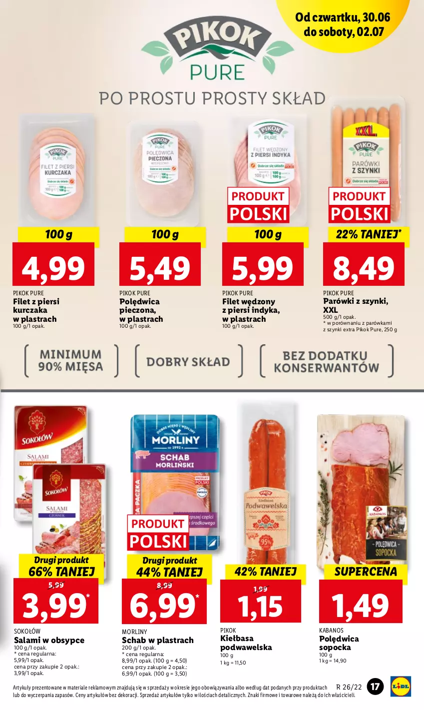 Gazetka promocyjna Lidl - GAZETKA - ważna 30.06 do 02.07.2022 - strona 17 - produkty: Filet z piersi kurczaka, Kabanos, Kiełbasa, Kiełbasa podwawelska, Kurczak, Morliny, Parówki, Parówki z szynki, Piec, PIKOK, Polędwica, Por, Pur, Salami, Sok, Sokołów, Wawel