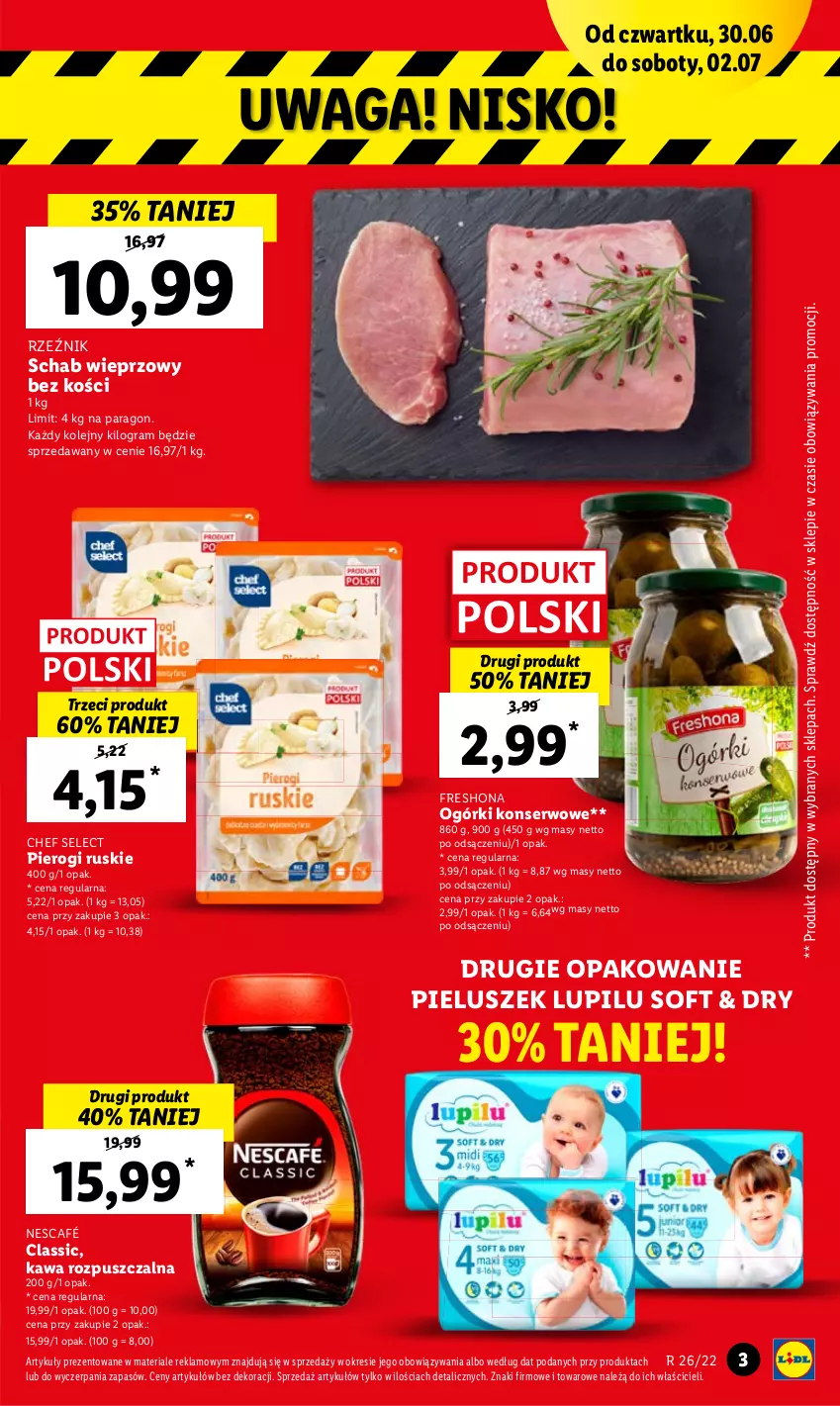 Gazetka promocyjna Lidl - GAZETKA - ważna 30.06 do 02.07.2022 - strona 3 - produkty: Gra, Kawa, Kawa rozpuszczalna, Nescafé, Ogórki konserwowe, Olej, Pierogi, Schab wieprzowy, Ser