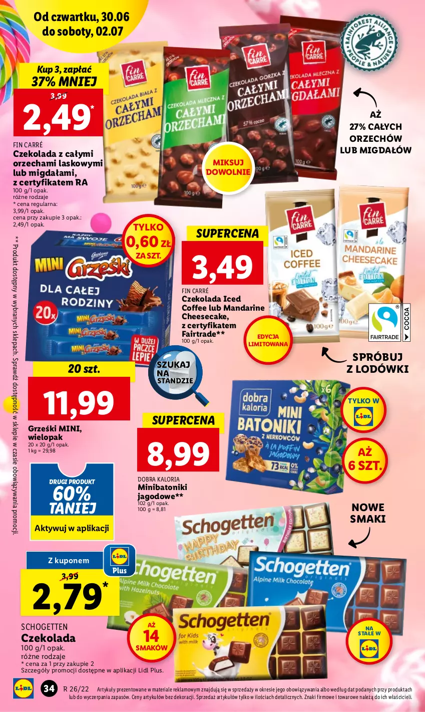 Gazetka promocyjna Lidl - GAZETKA - ważna 30.06 do 02.07.2022 - strona 34 - produkty: Baton, Czekolada, Fa, Grześki, Schogetten, Tonik