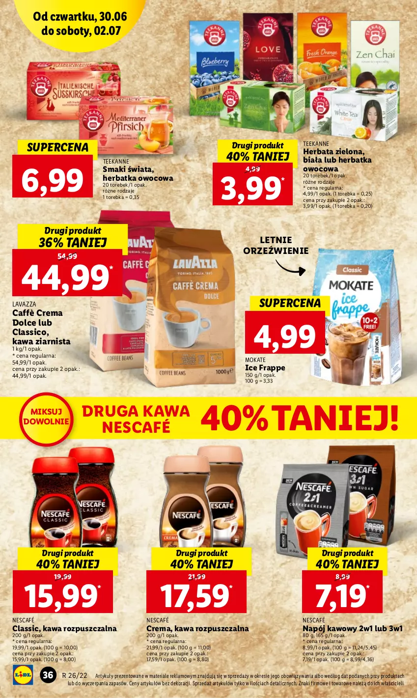 Gazetka promocyjna Lidl - GAZETKA - ważna 30.06 do 02.07.2022 - strona 36 - produkty: Herbata, Kawa, Kawa rozpuszczalna, Kawa ziarnista, Lavazza, Napój, Nescafé, Teekanne, Torebka