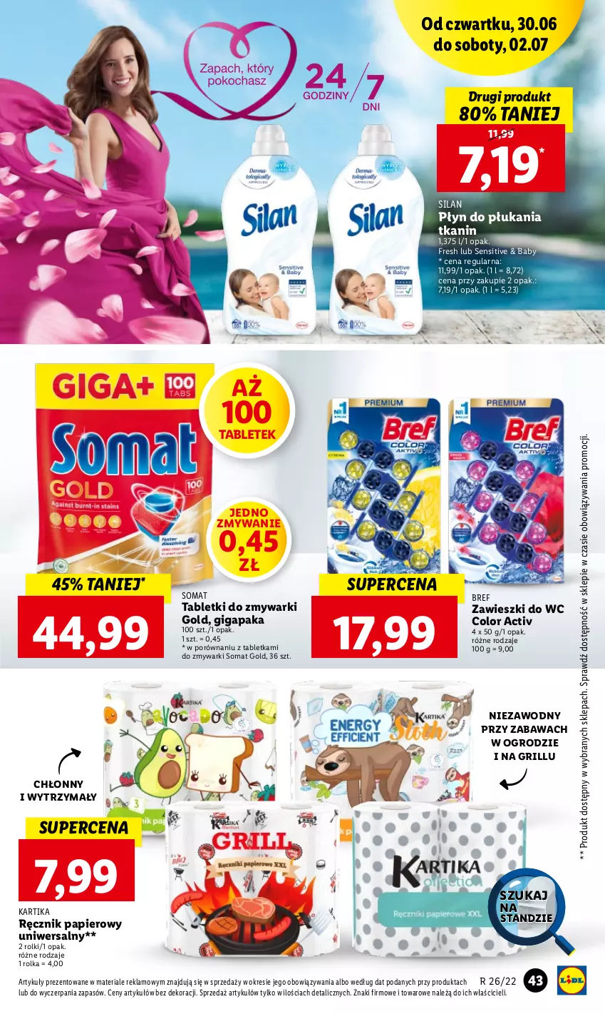 Gazetka promocyjna Lidl - GAZETKA - ważna 30.06 do 02.07.2022 - strona 43 - produkty: Bref, Grill, Papier, Płyn do płukania, Por, Ręcznik, Rolki, Silan, Somat, Somat gold, Tablet, Tabletki do zmywarki, Zawieszki, Zmywarki