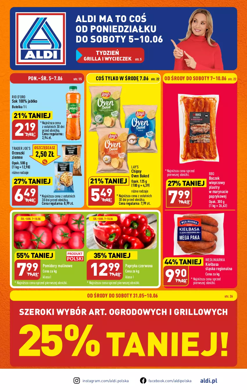 Gazetka promocyjna Aldi - Pełen katalog - ważna 05.06 do 10.06.2023 - strona 1 - produkty: Boczek, Boczek wieprzowy, Chipsy, Fa, Gra, Grill, Kiełbasa, Kiełbasa śląska, Orzeszki, Orzeszki ziemne, Papryka, Papryka czerwona, Pomidory, Sok