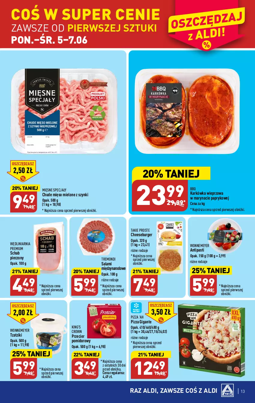 Gazetka promocyjna Aldi - Pełen katalog - ważna 05.06 do 10.06.2023 - strona 13 - produkty: Burger, Karkówka wieprzowa, Mięsne specjały, Mięso, Mięso mielone, Mięso mielone z szynki, Piec, Pizza, Salami, Schab pieczony