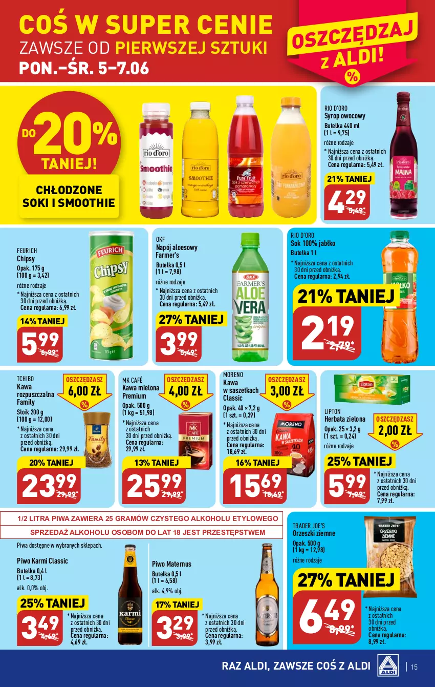 Gazetka promocyjna Aldi - Pełen katalog - ważna 05.06 do 10.06.2023 - strona 15 - produkty: Chipsy, Fa, Gra, Herbata, Karmi, Kawa, Kawa mielona, Kawa rozpuszczalna, Lipton, Napój, Orzeszki, Orzeszki ziemne, Piwa, Piwo, Smoothie, Sok, Syrop, Tchibo