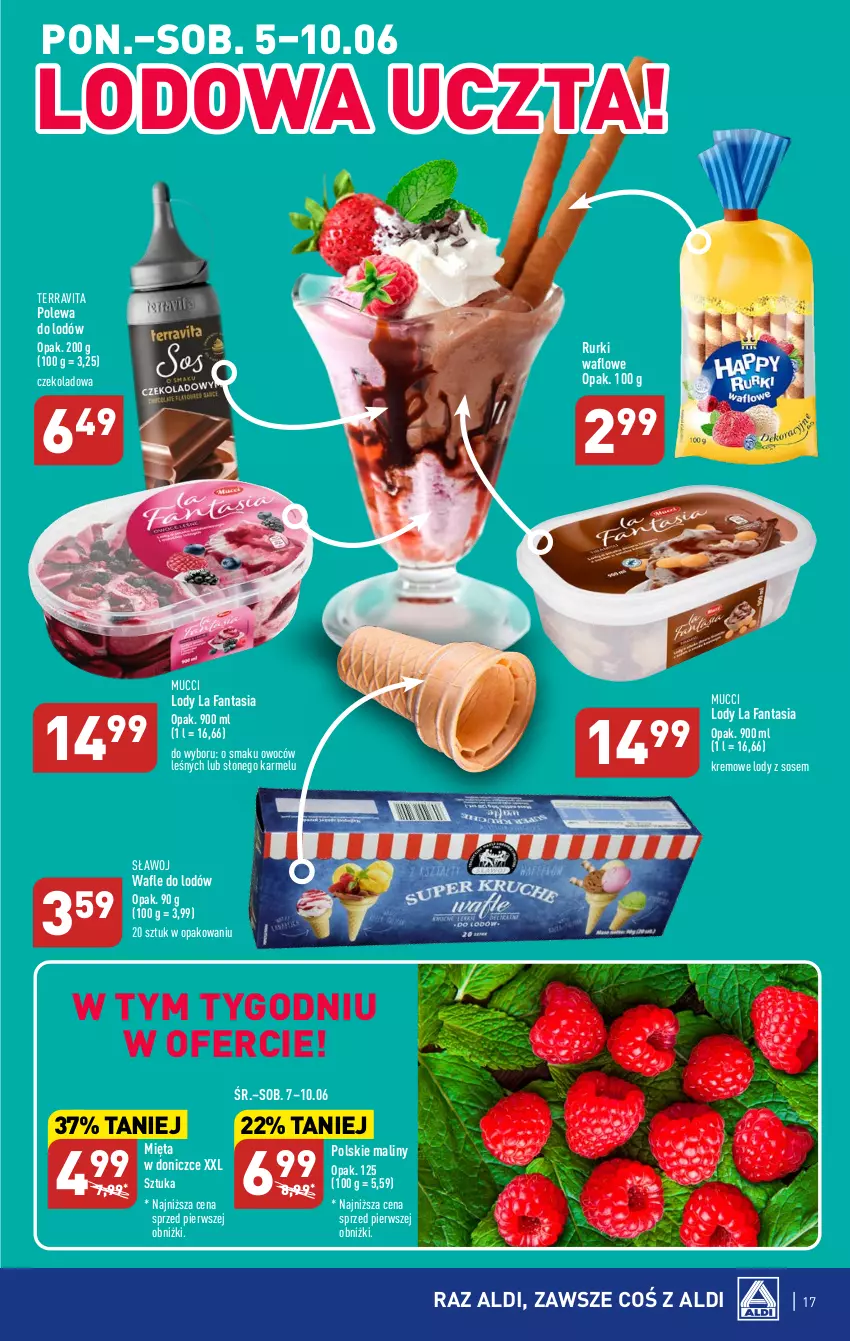 Gazetka promocyjna Aldi - Pełen katalog - ważna 05.06 do 10.06.2023 - strona 17 - produkty: Fa, Fanta, Lody, Maliny, Mięta, Rurki, Sos, Wafle, Wafle do lodów