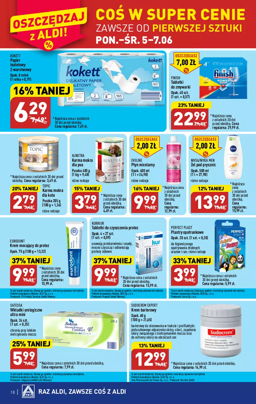 Gazetka promocyjna Aldi - Pełen katalog - ważna 05.06 do 10.06.2023 - strona 18 - produkty: Eveline, Finish, Nivea, Nivea Men, Papier, Papier toaletowy, Plastry opatrunkowe, Płyn micelarny, Ser, Tablet, Tabletki do zmywarki, Teva, Top, Wkładki, Wkładki urologiczne, Zmywarki