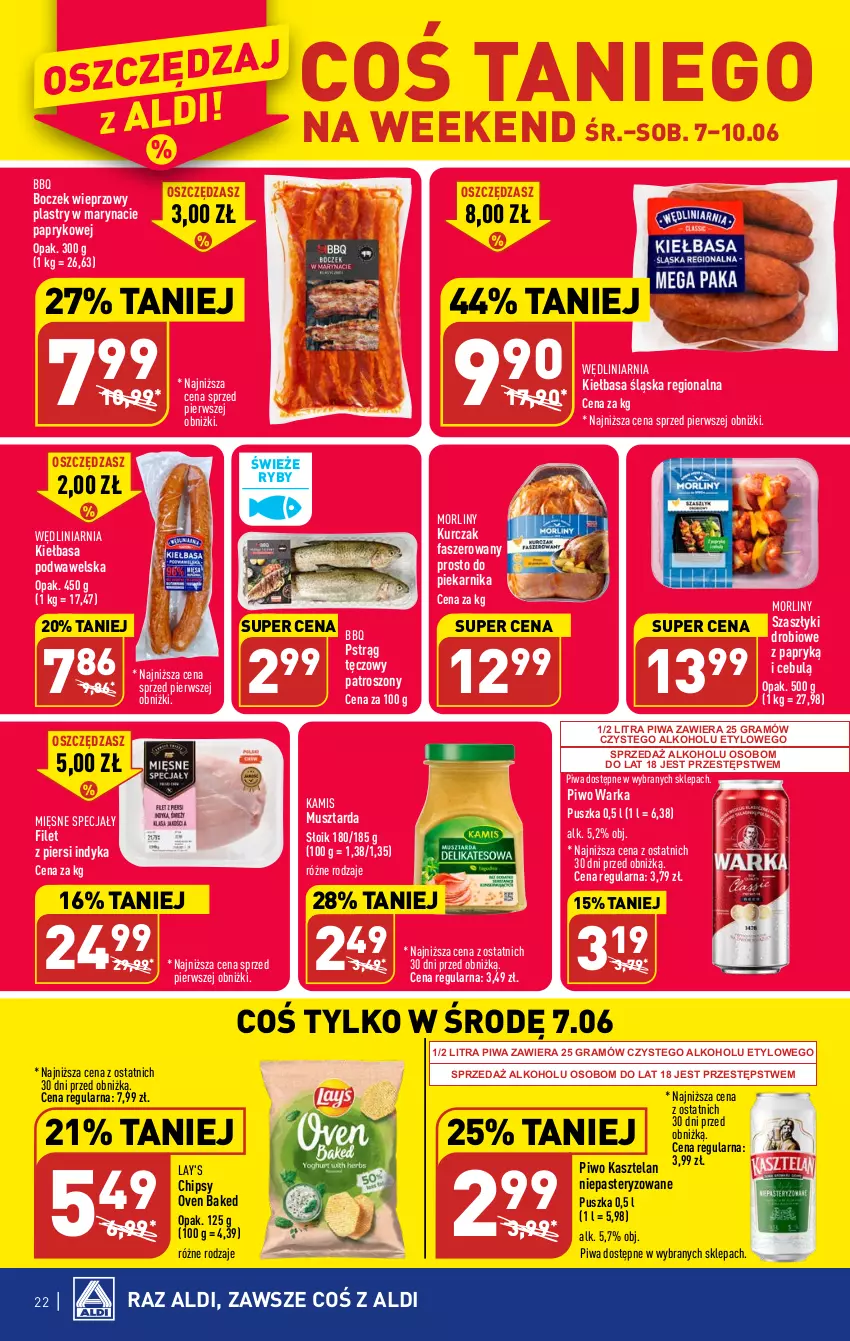 Gazetka promocyjna Aldi - Pełen katalog - ważna 05.06 do 10.06.2023 - strona 22 - produkty: Boczek, Boczek wieprzowy, Chipsy, Fa, Filet z piersi indyka, Gra, Kamis, Kasztelan, Kiełbasa, Kiełbasa podwawelska, Kiełbasa śląska, Kurczak, Mięsne specjały, Morliny, Mus, Musztarda, Piekarnik, Piwa, Piwo, Pstrąg, Pstrąg tęczowy, Warka, Wawel