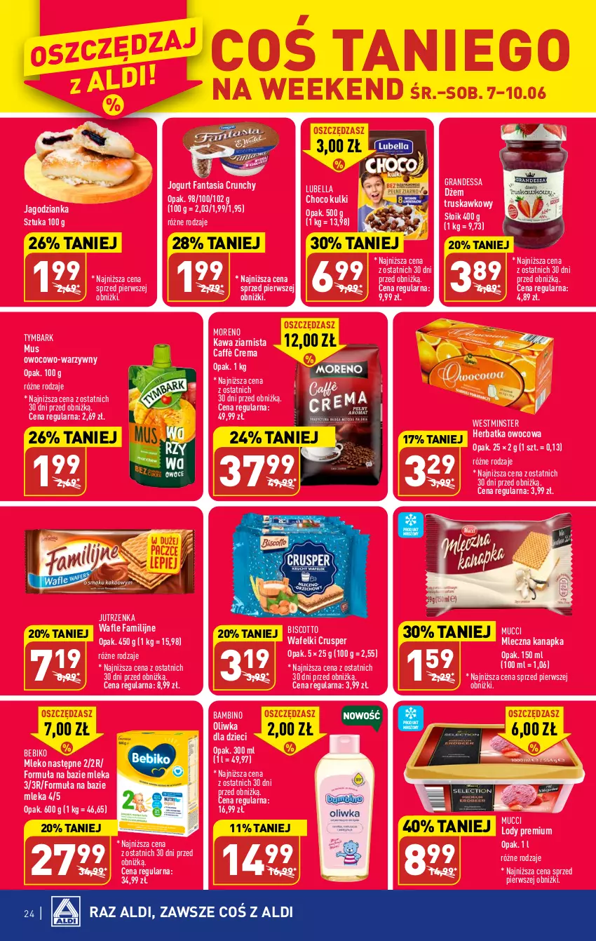 Gazetka promocyjna Aldi - Pełen katalog - ważna 05.06 do 10.06.2023 - strona 24 - produkty: Bebiko, Bell, Bella, Dżem, Dzieci, Fa, Fanta, Gra, Jagodzianka, Jogurt, Jutrzenka, Kawa, Kawa ziarnista, Lody, Lubella, Mleczna kanapka, Mleko, Mus, O nas, Oliwka dla dzieci, Tymbark, Wafle