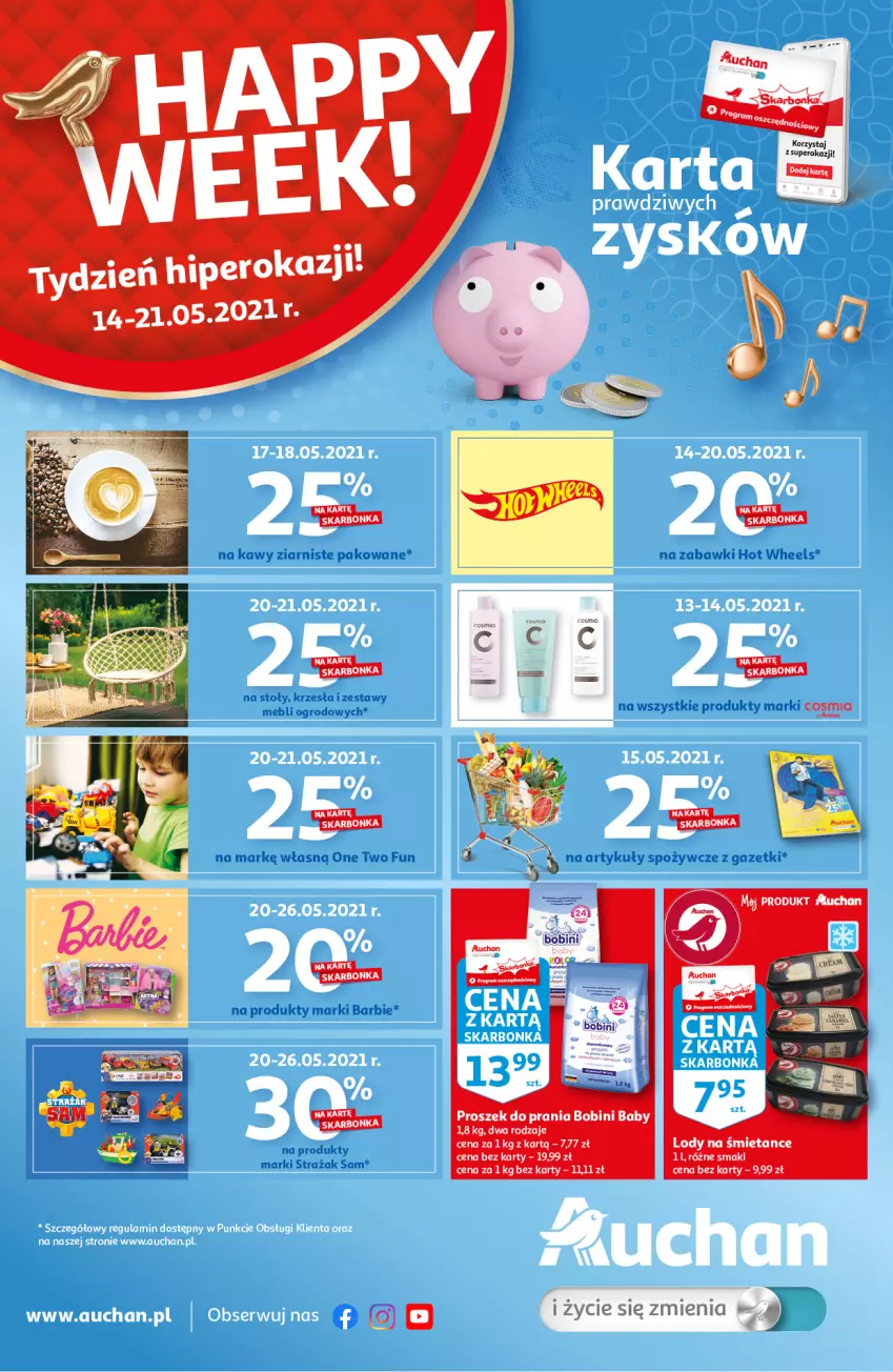 Gazetka promocyjna Auchan - Skarbonka #19 - ważna 14.05 do 21.05.2021 - strona 1 - produkty: Artykuły spożywcze, Barbie, Hot Wheels, Lody, Proszek do prania