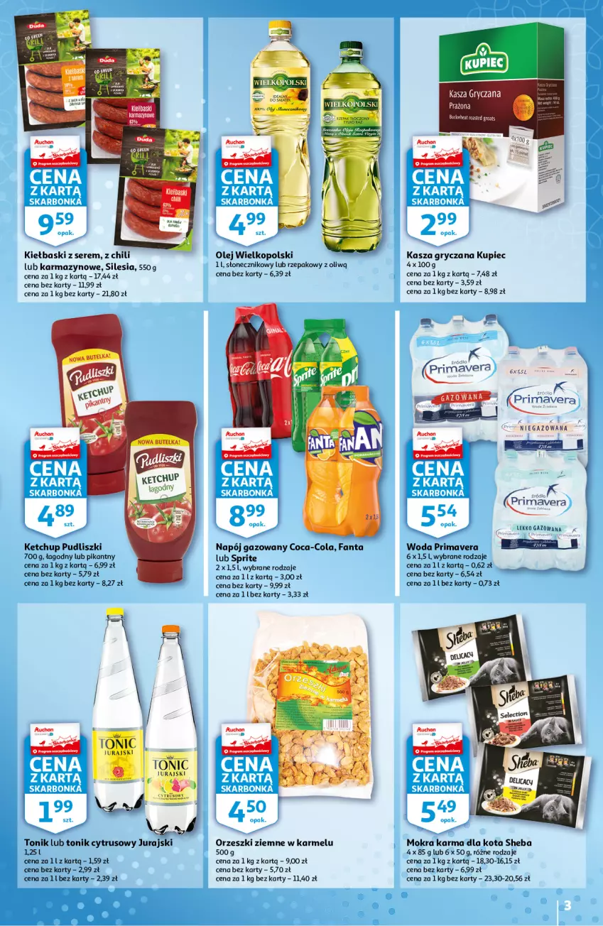 Gazetka promocyjna Auchan - Skarbonka #19 - ważna 14.05 do 21.05.2021 - strona 3 - produkty: Coca-Cola, Fa, Fanta, Gry, Kasza, Kasza gryczana, Ketchup, Kupiec, LG, Mokra karma, Napój, Napój gazowany, Olej, Orzeszki, Orzeszki ziemne, Piec, Prima, Primavera, Pudliszki, Ser, Sheba, Sprite, Tonik, Woda