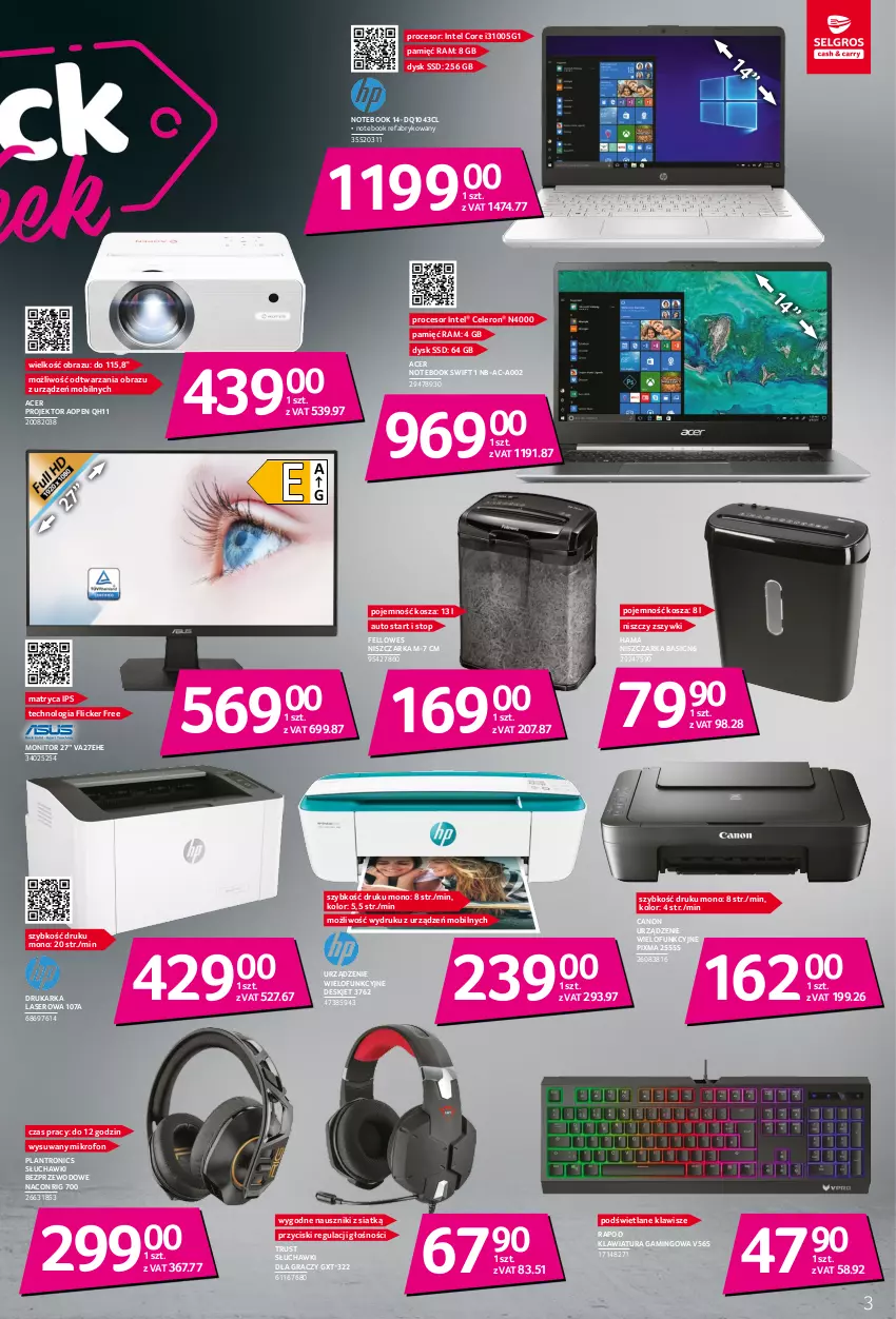 Gazetka promocyjna Selgros - Katalog Black Week - ważna 17.11 do 30.11.2022 - strona 3 - produkty: Acer, Canon, Drukarka, Fa, Gra, Hama, Intel, Klawiatura, Kosz, Mikrofon, Mobil, Monitor, Niszczarka, Notebook, Obraz, Procesor, Rust, Ser, Słuchawki, Słuchawki bezprzewodowe, Top, Urządzenie wielofunkcyjne