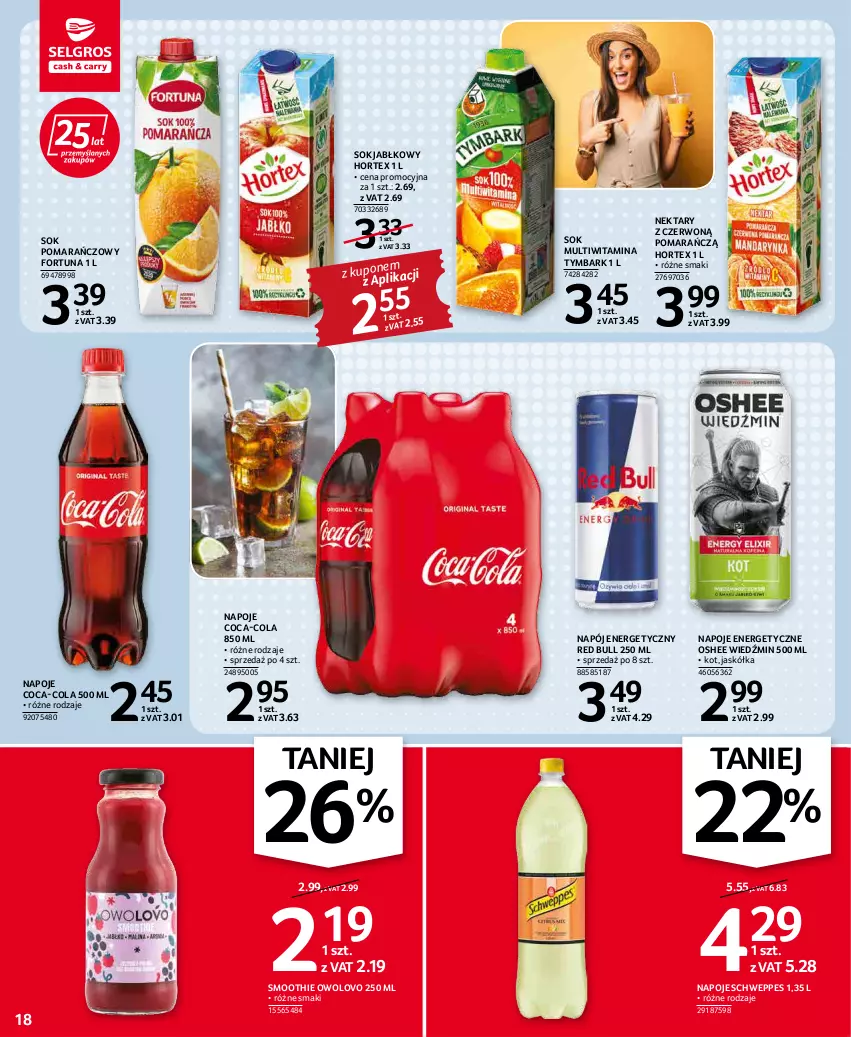 Gazetka promocyjna Selgros - Oferta spożywcza - ważna 19.04 do 04.05.2022 - strona 18 - produkty: Coca-Cola, Fortuna, Hortex, Napój, Napój energetyczny, Napoje, Nektar, Oshee, Red Bull, Schweppes, Smoothie, Sok, Sok jabłkowy, Sok pomarańczowy, Tymbark