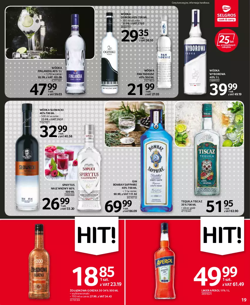 Gazetka promocyjna Selgros - Oferta spożywcza - ważna 19.04 do 04.05.2022 - strona 19 - produkty: Aperol, Finlandia, Gin, Likier, Ogiński, Tequila, Wódka, Wyborowa