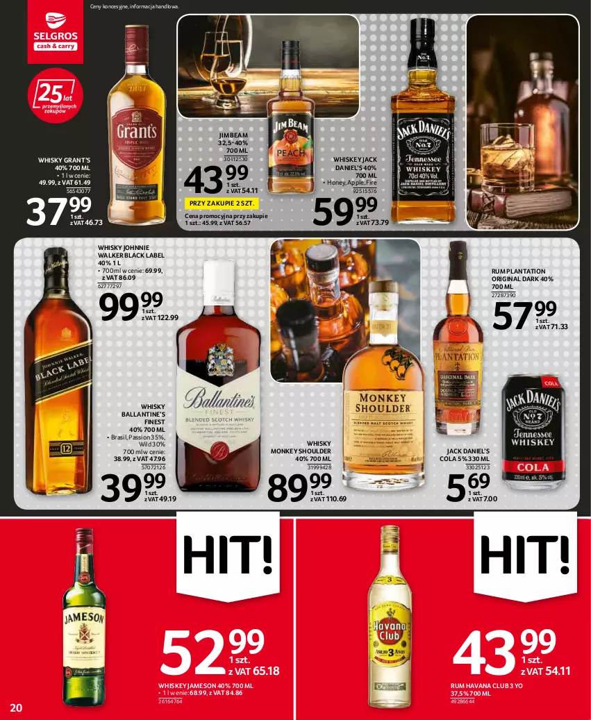 Gazetka promocyjna Selgros - Oferta spożywcza - ważna 19.04 do 04.05.2022 - strona 20 - produkty: Gin, Gra, Jameson, Jim Beam, Johnnie Walker, Lack, Plantation, Rum, Whiskey, Whisky