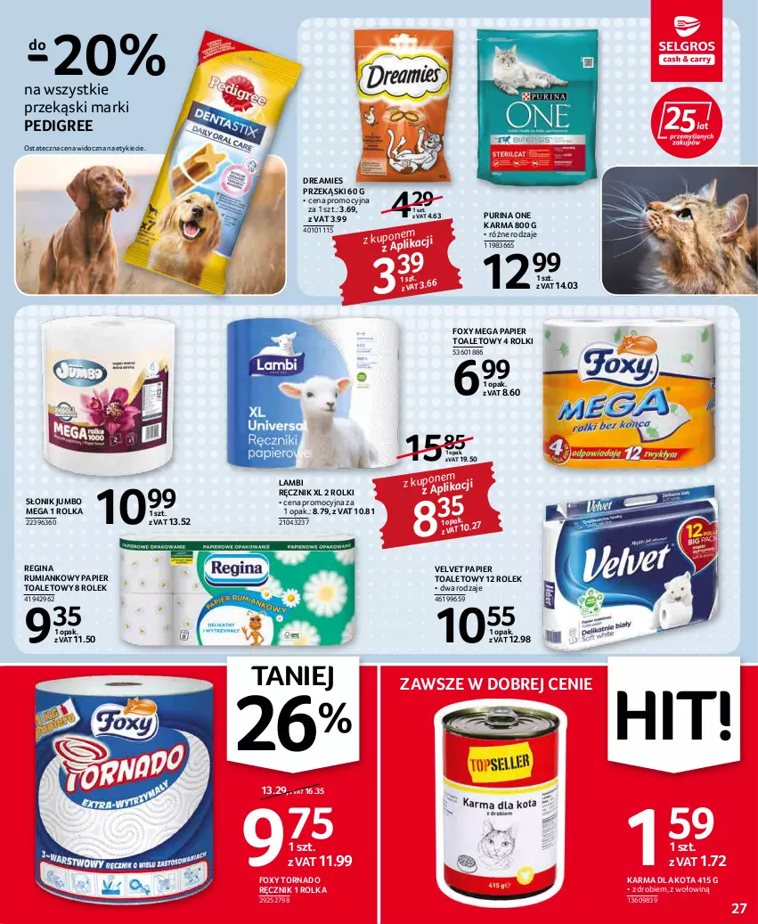 Gazetka promocyjna Selgros - Oferta spożywcza - ważna 19.04 do 04.05.2022 - strona 27 - produkty: Foxy, Gin, Papier, Papier toaletowy, Pedigree, Pur, Purina, Ręcznik, Rolki, Rum, Velvet