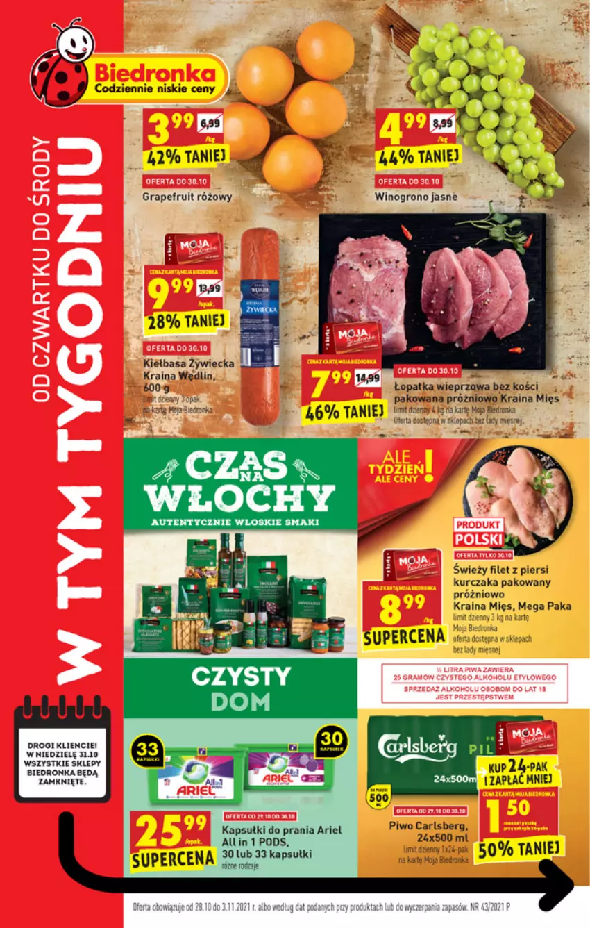 Gazetka promocyjna Biedronka - W tym tygodniu - ważna 28.10 do 03.11.2021 - strona 1 - produkty: Ariel, Fa, Filet z piersi kurczaka, Gra, Kapsułki do prania, Kiełbasa, Kurczak, Orka, Piwo