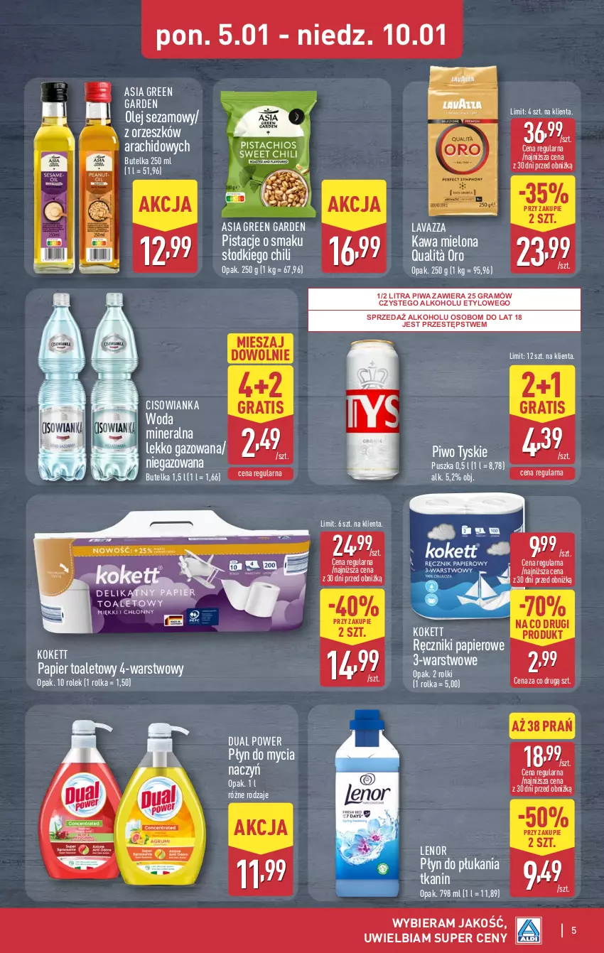 Gazetka promocyjna Aldi - Okazje weekendowe - ważna 08.01 do 10.01.2026 - strona 5 - produkty: Cisowianka, Do mycia naczyń, Gra, Kawa, Kawa mielona, Lavazza, Lenor, Olej, Olej sezamowy, Papier, Papier toaletowy, Pistacje, Piwa, Piwo, Płyn do mycia, Płyn do mycia naczyń, Płyn do płukania, Ręcznik, Ręczniki papierowe, Rolki, Sezam, Tyskie, Woda, Woda mineralna