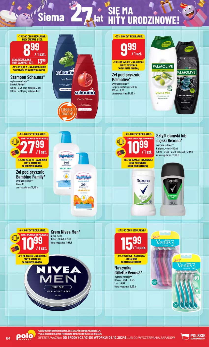 Gazetka promocyjna PoloMarket - Gazetka pomocyjna - ważna 02.10 do 08.10.2024 - strona 64 - produkty: BIC, Colgate, Fa, Gillette, Gillette Venus, LG, Maszynka, Nivea, Nivea Men, Palmolive, Rexona, Schauma, Szampon, Szynka, Venus