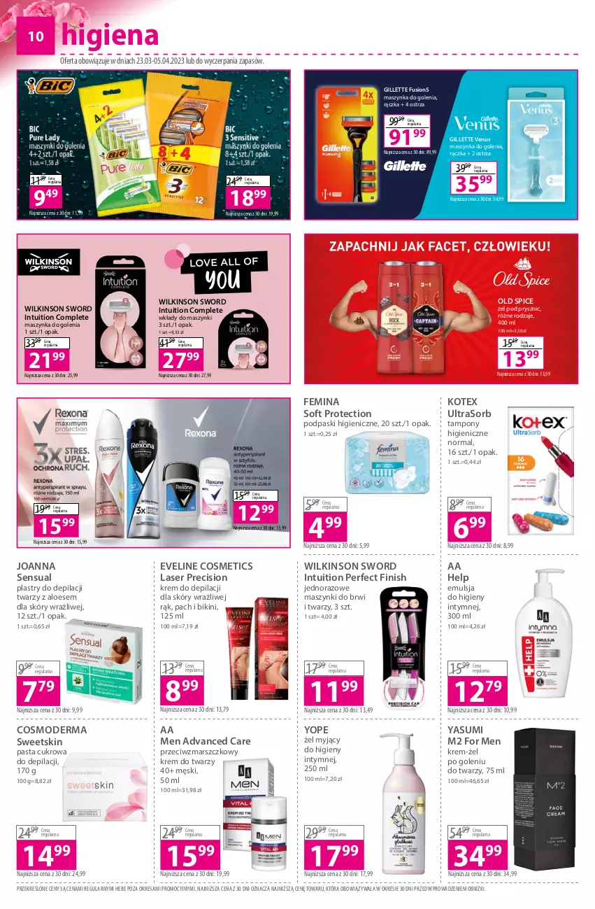 Gazetka promocyjna Hebe - Gazetka - ważna 23.03 do 05.04.2023 - strona 10 - produkty: Advanced Care, Bikini, Emulsja, Eveline, Finish, Fusion, Gillette, Gillette Venus, Joanna, Krem do depilacji, Krem do twarzy, Mars, Maszynka, Maszynka do golenia, Old Spice, Plastry do depilacji, Podpaski, Sensual, Ser, Szynka, Tampony, Venus, Wilkinson Sword, Yope