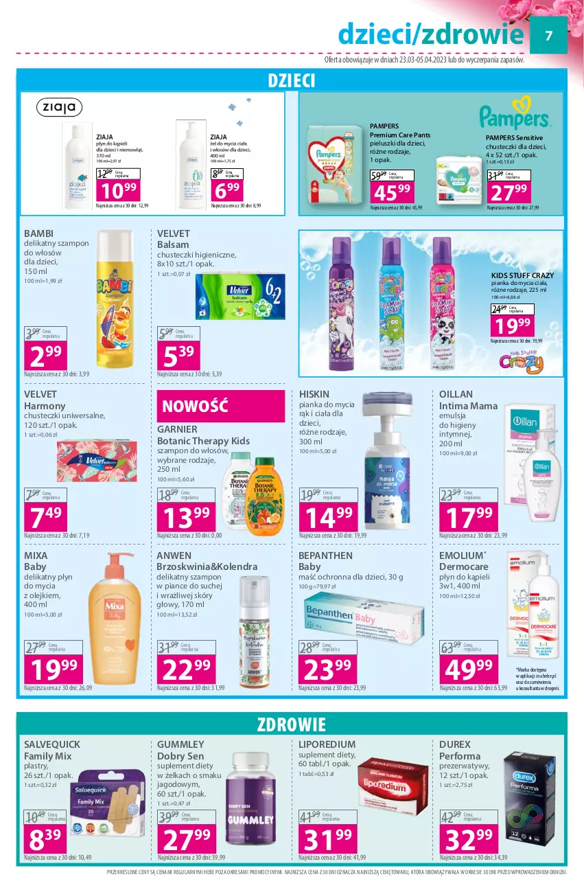 Gazetka promocyjna Hebe - Gazetka - ważna 23.03 do 05.04.2023 - strona 7 - produkty: Bepanthen, Chusteczki, Durex, Dzieci, Emolium, Emulsja, Fa, Garnier, Kolendra, Mixa, Oillan, Olej, Pampers, Płyn do kąpieli, Płyn do mycia, Por, Prezerwatyw, Suplement diety, Szampon, Velvet, Zdrowie