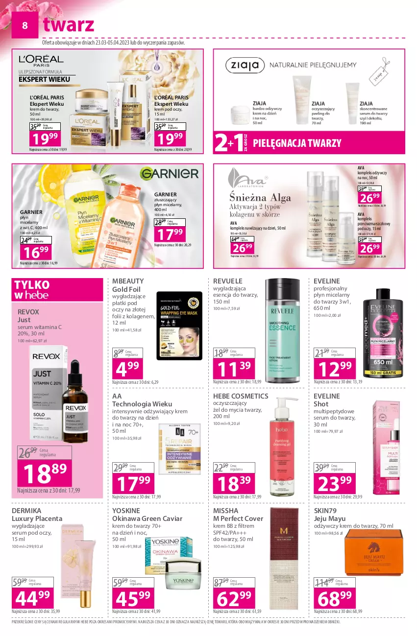 Gazetka promocyjna Hebe - Gazetka - ważna 23.03 do 05.04.2023 - strona 8 - produkty: Dermika, Eveline, Garnier, Hebe Cosmetics, Kolagen, Krem bb, Krem do twarzy, Krem pod oczy, Mars, MISSHA, Płyn micelarny, Revuele, Rum, Ser, Serum, Serum do twarzy, Serum pod oczy, Skin79, Yoskine