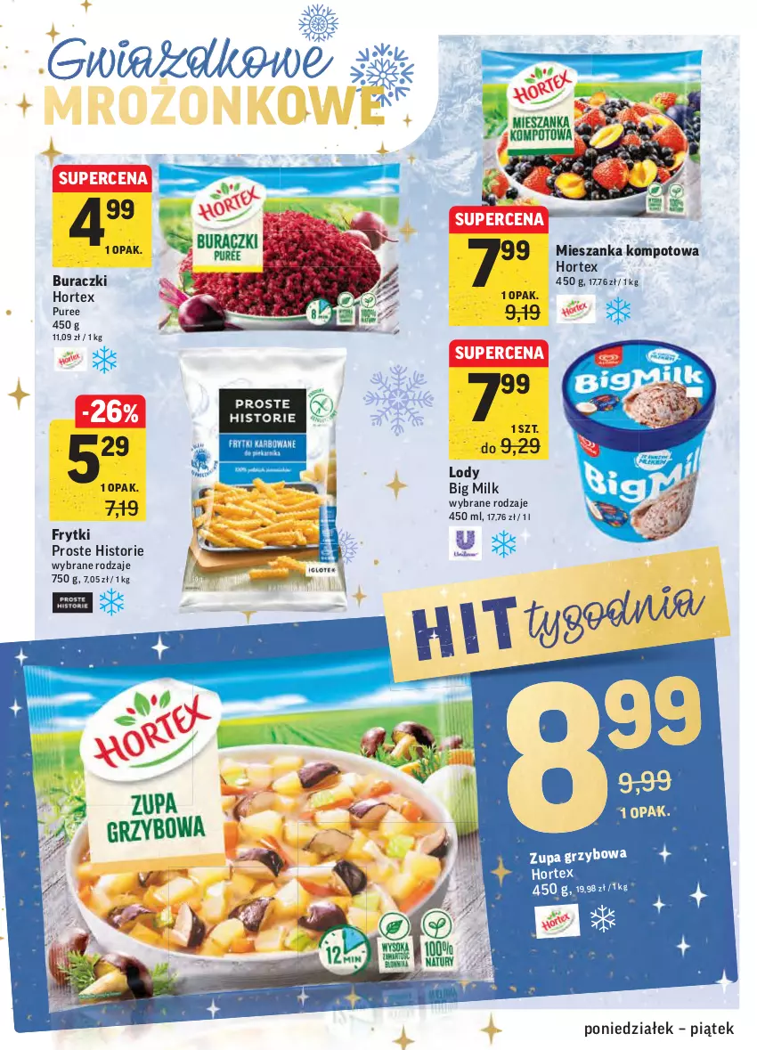 Gazetka promocyjna Intermarche - Boże narodzenie - ważna 20.12 do 24.12.2021 - strona 32 - produkty: Big Milk, Buraczki, Frytki, Hortex, Lody, Mieszanka kompotowa, Pur, Zupa