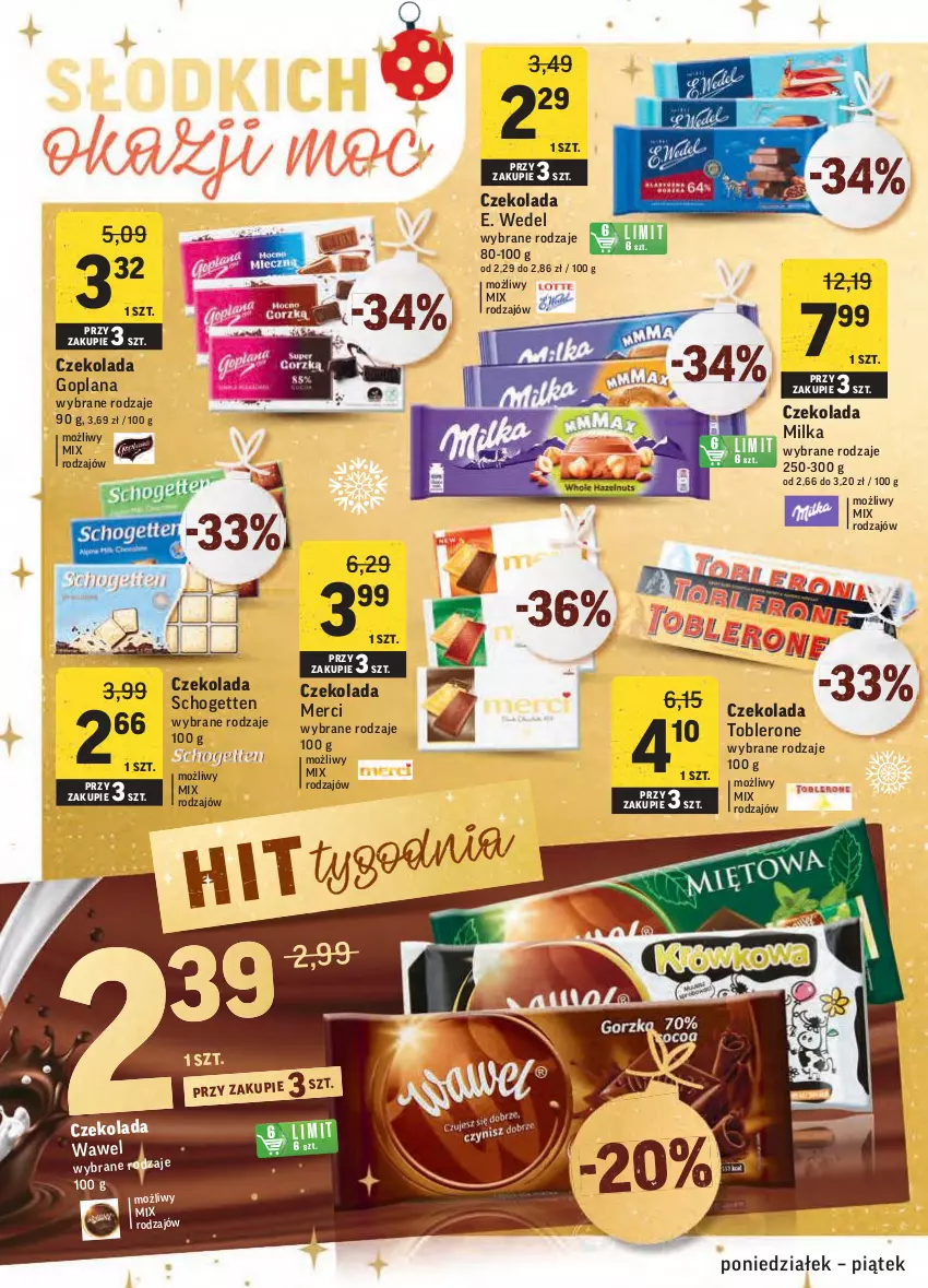 Gazetka promocyjna Intermarche - Boże narodzenie - ważna 20.12 do 24.12.2021 - strona 36 - produkty: Czekolada, E. Wedel, Goplana, LANA, Merci, Milka, Schogetten, Toblerone, Wawel