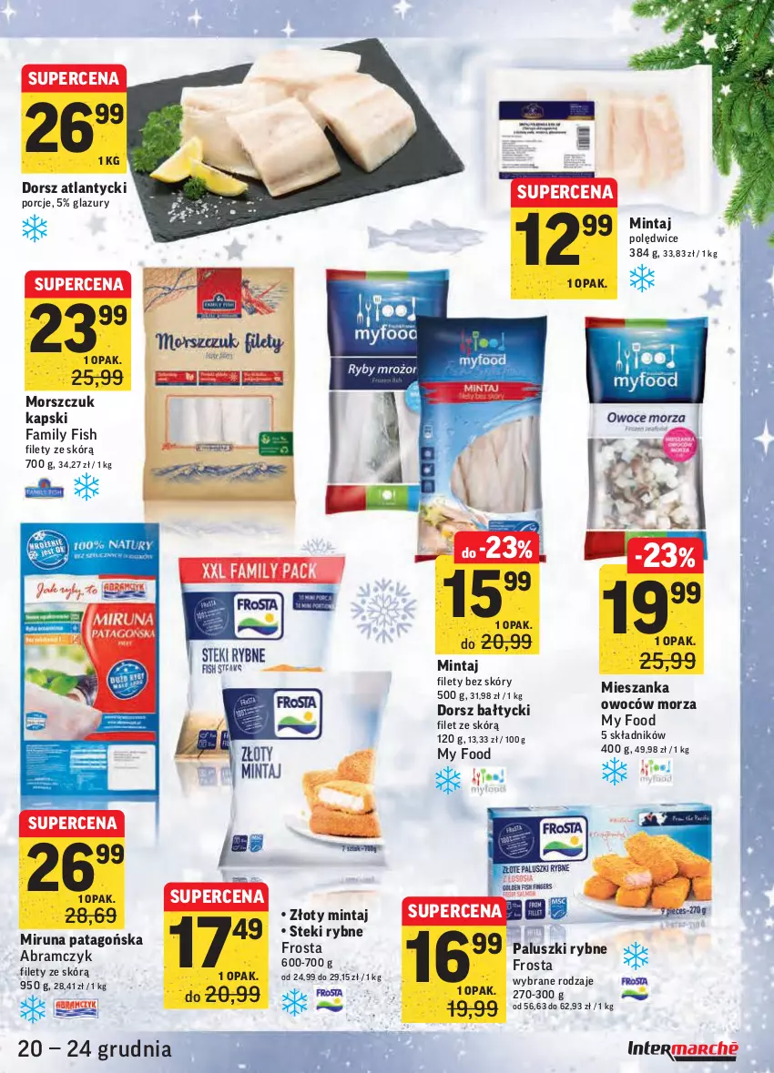 Gazetka promocyjna Intermarche - Boże narodzenie - ważna 20.12 do 24.12.2021 - strona 5 - produkty: Dorsz, Fa, Frosta, Lazur, Mintaj, Miruna, Paluszki rybne, Por, Stek, Tago