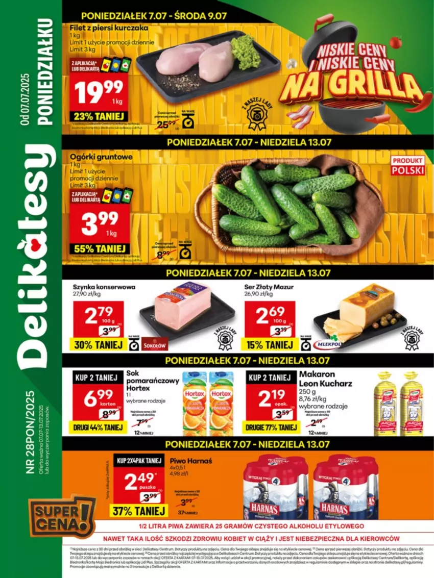 Gazetka promocyjna Delikatesy Centrum - Franczyza DC28 Poniedziałek - ważna 07.07 do 13.07.2025 - strona 1 - produkty: Gra, Leon, Makaron, Piec, Piwa, Ser, Sok, Szynka, Szynka konserwowa, Złoty Mazur