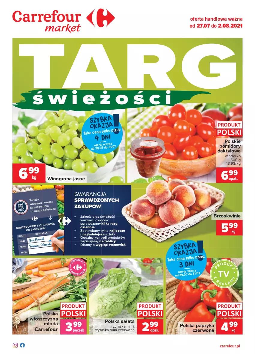 Gazetka promocyjna Carrefour - Gazetka Targi świeżości - ważna 26.07 do 02.08.2021 - strona 1 - produkty: Brzoskwinie, Papryka, Papryka czerwona, Pomidory, Sałat, Wino, Winogrona