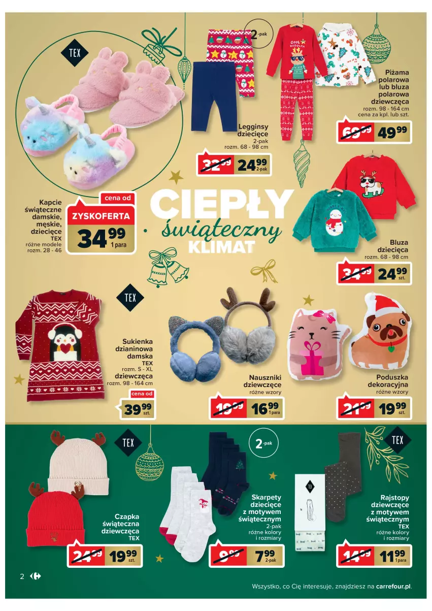 Gazetka promocyjna Carrefour - Gazetka Przytulnych swiąt - ważna 29.11 do 11.12.2022 - strona 2 - produkty: Bluza, Bluza polarowa, Czapka, Dzieci, Gin, Kapcie, Karp, Legginsy, Piżama, Poduszka, Poduszka dekoracyjna, Rajstopy, Sukienka, Top