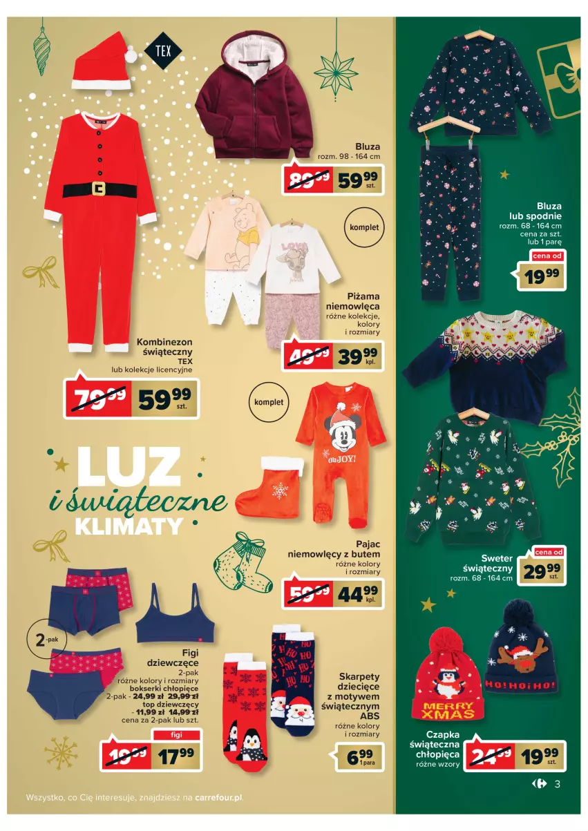 Gazetka promocyjna Carrefour - Gazetka Przytulnych swiąt - ważna 29.11 do 11.12.2022 - strona 3 - produkty: Bluza, Bokserki, Czapka, Dzieci, Figi, Karp, Kombinezon, Pajac, Piżama, Ser, Spodnie, Top