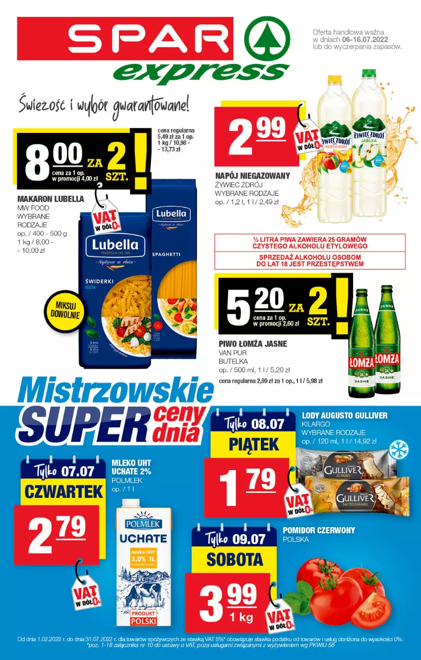 Gazetka promocyjna Spar - SparExpress - ważna 05.07 do 15.07.2022 - strona 1 - produkty: Bell, Bella, Gra, Jabłka, Lubella, Makaron, Piwa, Piwo, Pur