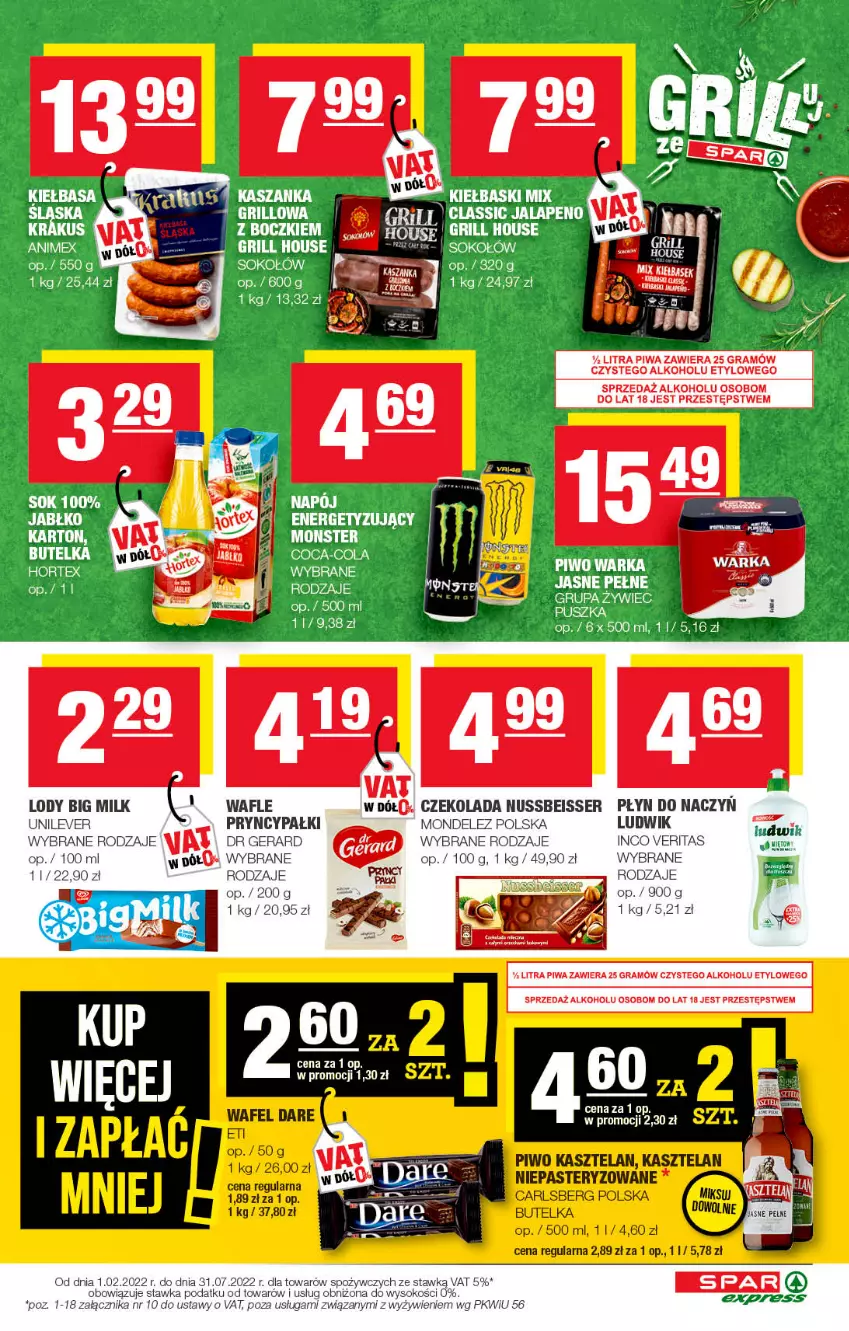 Gazetka promocyjna Spar - SparExpress - ważna 05.07 do 15.07.2022 - strona 3 - produkty: Big Milk, Coca-Cola, Czekolada, Dr Gerard, Gra, Grill, Kasza, Kaszanka, Krakus, LG, Lody, Ludwik, Piwa, Piwo, Ser, Sok, Sokołów, Wafle, Warka